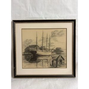 Framed Pencil Drawing Sketch Sailing Sea Town RC Rutter Vintage